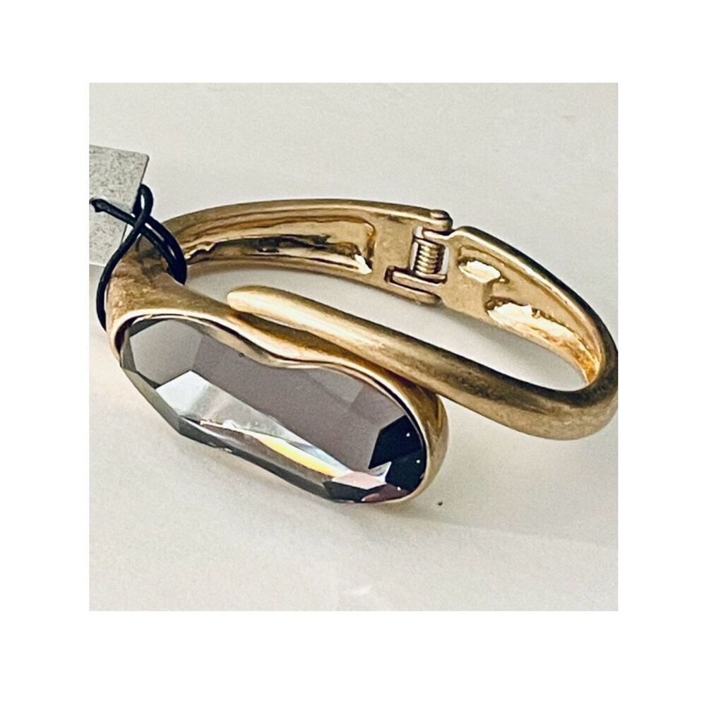 NWT Robert Lee Morris Brushed Bypass Hinged Gold & Crystal  Bangle Cuff Bracelet